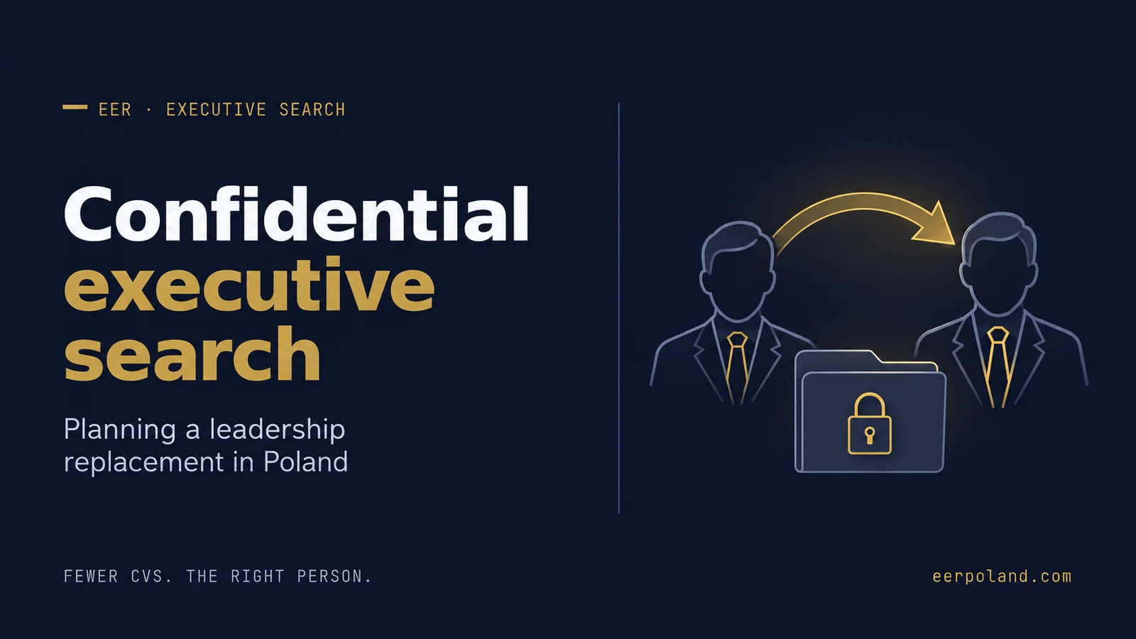 Confidential executive search: planning a leadership replacement in Poland. EER cover with two leadership profiles, a succession arrow and a locked folder.